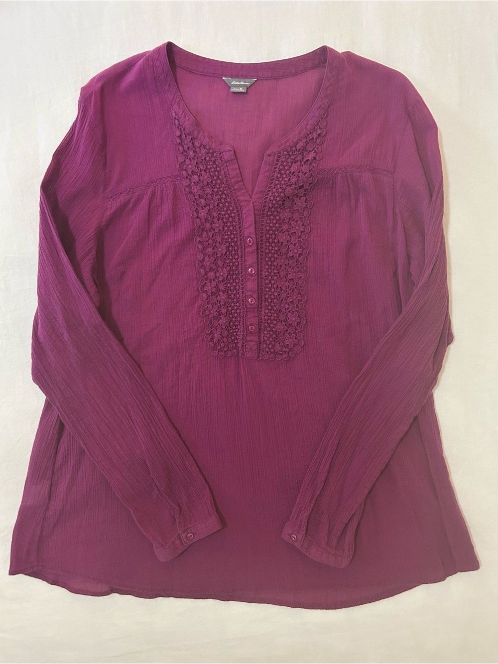 Eddie Bauer Plum Crinkle Gauze Lace Henley Blouse Long Sleeve Berry Size XL